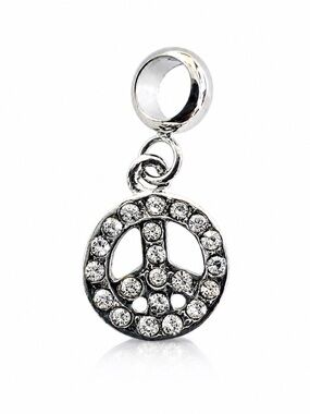 Silver Peace Sign Rhinestone Charm Pandora Compatible